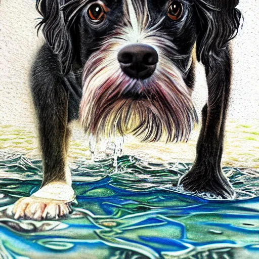 Prompt: intricate five star dog playing in the water by monica lee, colored pencil on paper, high detail, skin texture, photo realistic, hyperrealism, matte finish, high contrast, 3 d depth, masterpiece, vivid colors, artstationhd