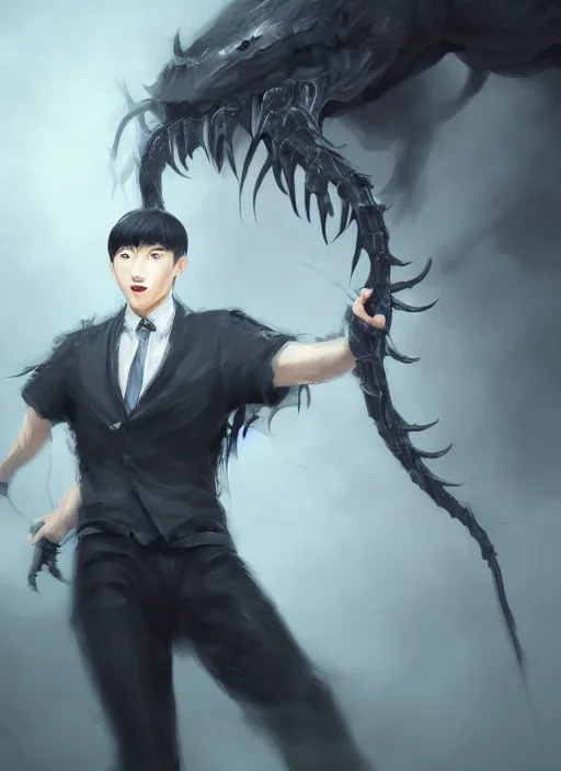 Prompt: a highly detailed illustration of attractive korean man with bowl cut black hair wearing shirt and tie with giant black claws, wielding giant black fog claws pose, tired expression, foggy black mist surrounding background, intricate, elegant, highly detailed, centered, digital painting, artstation, concept art, smooth, sharp focus, league of legends concept art, wlop.