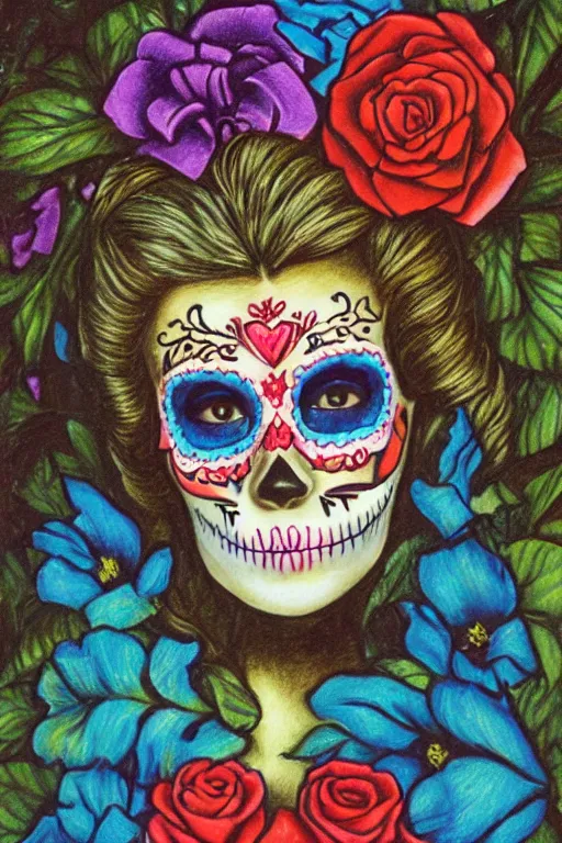 Image similar to Illustration of a sugar skull day of the dead girl, art by Arthur Hughes