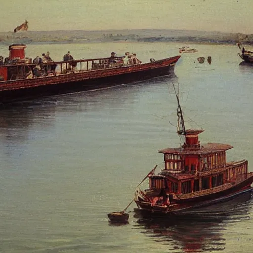 steam boat sailing down the river benue, 1885, highly Stable