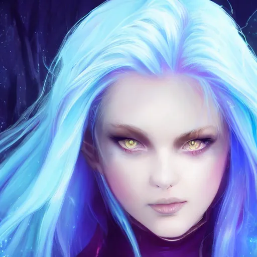 Image similar to Fantasy warlock, character portrait, pretty egirl gaming, blue hair, perfect blue arctic eyes, blue neon style gaming headset, face, very pretty face, cinematic lighting, hyper-detailed, cgsociety, 8k, high resolution, in the style of Charlie Bowater, Tom Bagshaw, single face, symmetrical, headshot photograph, insanely detailed and intricate, beautiful, elegant, cinematic, portrait, Raphaelite, headroom, artstation