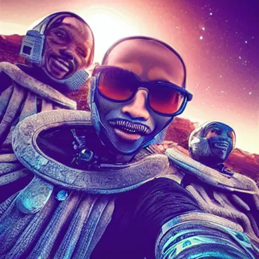 Image similar to “ our humanoid descendants in the year 2 2 0 0 taking a selfie on their sci - fi planet, award - winning details ”