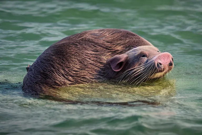 Image similar to a pig sea otter!!! hybrid! hyper realistic!! realistic lighting!! wildlife photographer of the year!!! bold natural colors, national geographic, hd, wide angle, 8 k