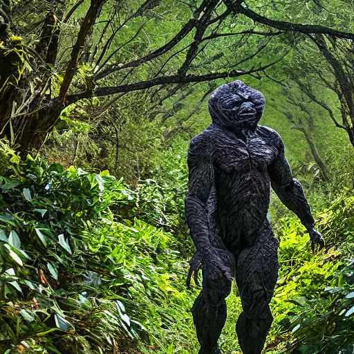 Prompt: a humanoid monster emerging from the shrubs