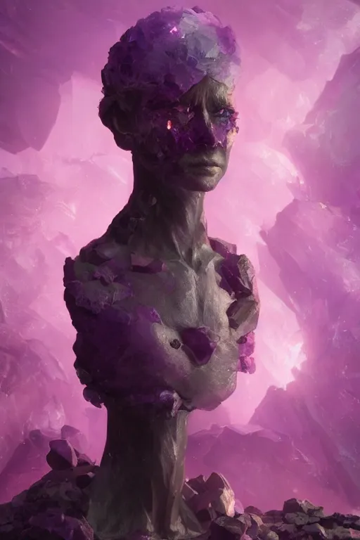 Prompt: A fancy portrait of a purple crystal statue by Greg Rutkowski, beeple, Sung Choi, Mitchell Mohrhauser, Maciej Kuciara, Johnson Ting, Maxim Verehin, Peter Konig, final fantasy, macro lens , 8k photorealistic, cinematic lighting, HD, high details, dramatic, dark atmosphere, trending on artstation