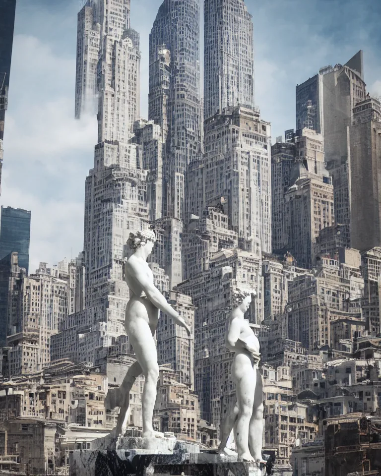 Prompt: an achingly beautiful roman marble sculpture standing alone amid a bustling futuristic metropolis.