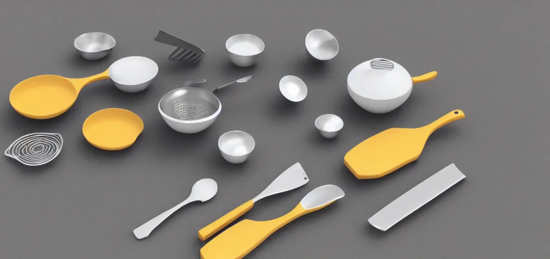 Image similar to Isometric 3d octane render of Kitchen utensils