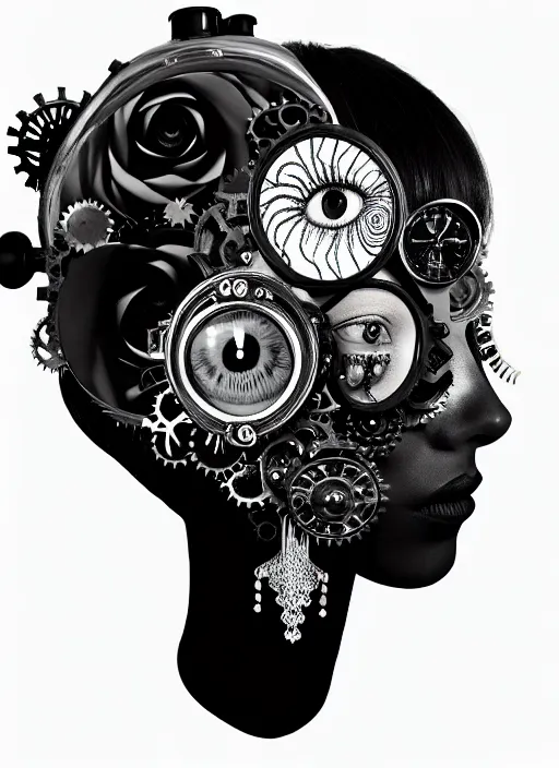 Image similar to black and white macabre masterpiece profile portrait, one steampunk eye silver hexagonal meshes floral biomechanical beautiful young female cyborg, big monocular, volumetric light, hibiscus flowers, by hg giger, rim light, big gothic fashion pearl embroidered collar, 8 k