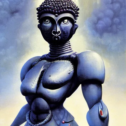 Image similar to A mixed media portrait painting of a naraka buddhist demons, sweat, aesthetic symmetrical face and eyes, photorealistic, model, wet, starship-troopers, pacific-rim-mech in background, eighties pinup style, by Frank Frazetta, Boris Vallejo, Beeple, Greg Rutkowski, Christian MacNevin, epic fantasy character art, high fantasy, CGsociety, exquisite detail, post-processing, masterpiece, cinematic