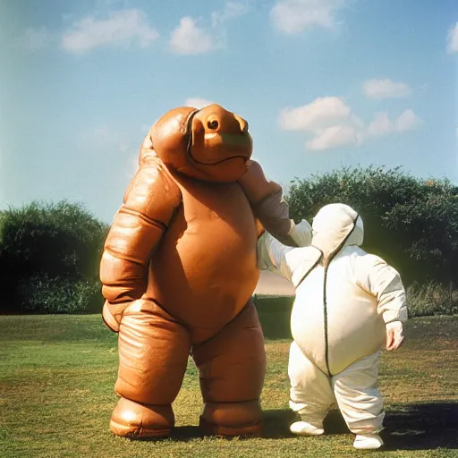 Image similar to a 3 5 mm photography, kodachrome colour, of grandpa fighting with white michelin man costume, riding a hippo, strange creatures and alien plants around, photos taken by martin parr - h 9 6 0 - w 1 0 8 8