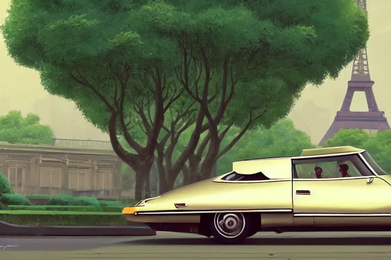 Image similar to a wholesome animation key shot of!! one!! focused! 1 9 7 4 citroen ds! in a tree lined paris street, view of eiffel tower, medium shot, studio ghibli, ( pixar ) and disney animation, sharp, very detailed, high resolution, rendered in unreal engine 5, anime key art by greg rutkowski, bloom, dramatic lighting