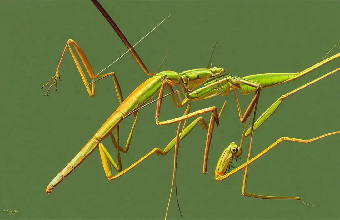 Image similar to implied lines, 4 k criterion collection remastered cinematography a praying mantis eating a dragonfly, photo realistic postprocessing interpolated by syd mead, claude gellee painting by james audubon