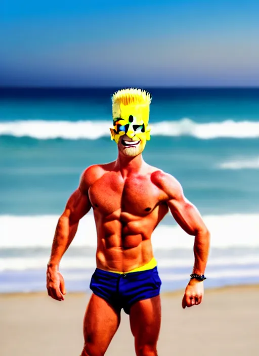 Image similar to professional photo of person looking like bart simpson, he's muscular, on the beach at noonday, blur background, high details, original simpsons cartoon style