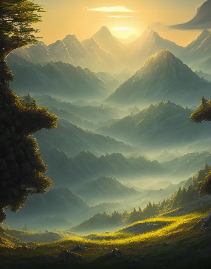 Image similar to Landscape representing a forest with mountains on the sides and a large kaje in the middle with the sun on the horizon, hyperdetailed, artstation, cgsociety, 8k