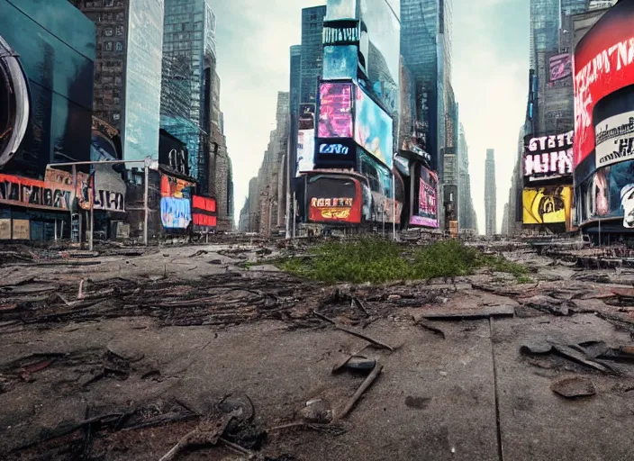 Image similar to film still of post apocalyptic empty time square, overgrown with wildlife walking through in the new sci - fi movie, 8 k