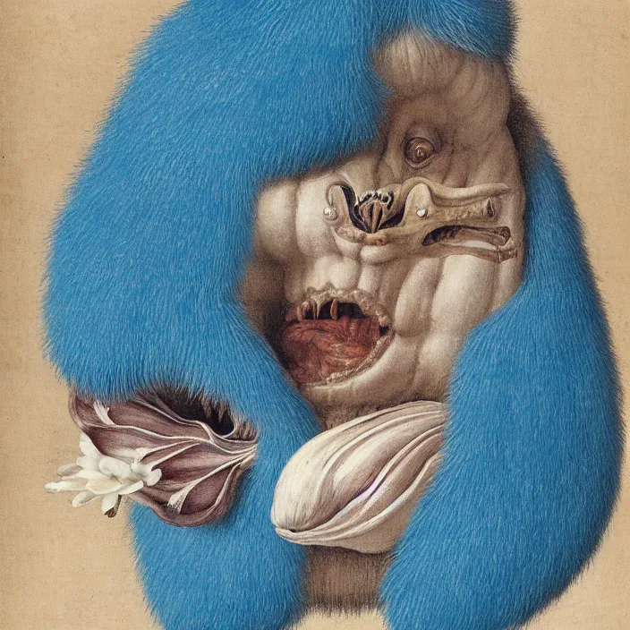 Image similar to close up portrait of a mutant monster creature with white fluffy moth pouf, exotic lily ears, delicate blue conch corns, snout. by jan van eyck, walton ford