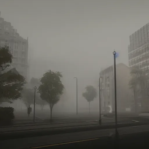 Prompt: gloomy foggy morning city landscape octane render, 8k, high details, cryengine, unreal engine