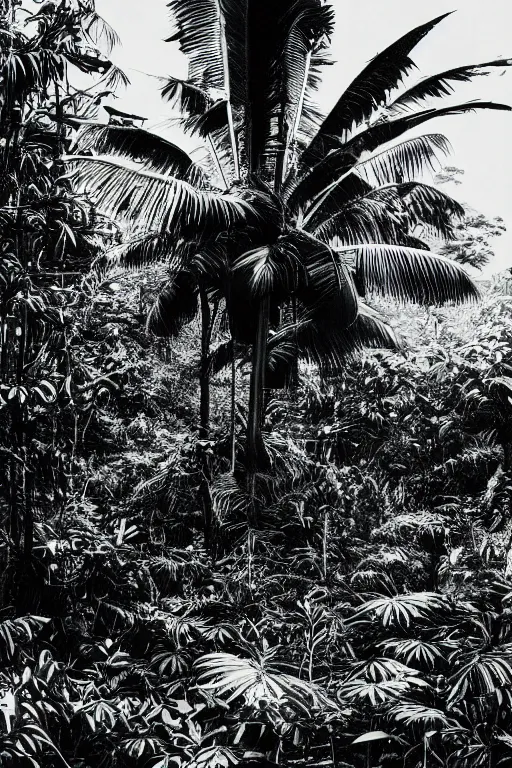 Image similar to year 1 9 0 0, photography, black and white, alien buildings, jungle