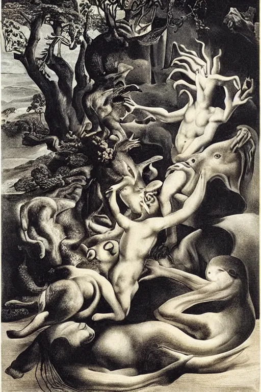 Image similar to Orpheus charming the beasts. Engraving by Salvador Dali