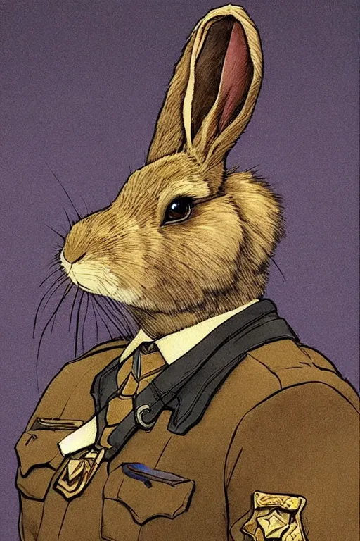 Image similar to vernon. Rabbit with mustache dressed as a sheriff. concept art by James Gurney and Mœbius.