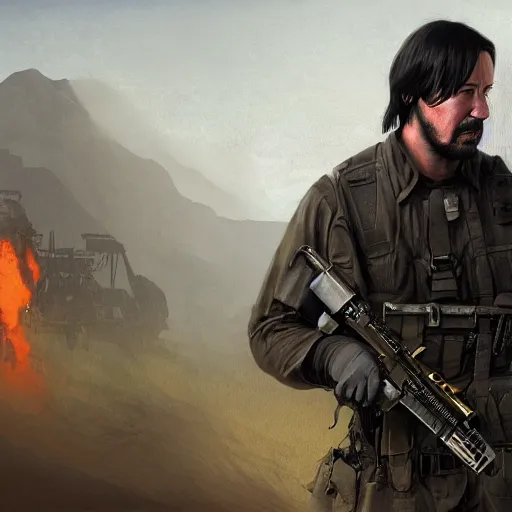 Prompt: keanu reeves as a soldier , digital art , trending on artstation , Matte painting ,Hyperdetailed , CGSociety