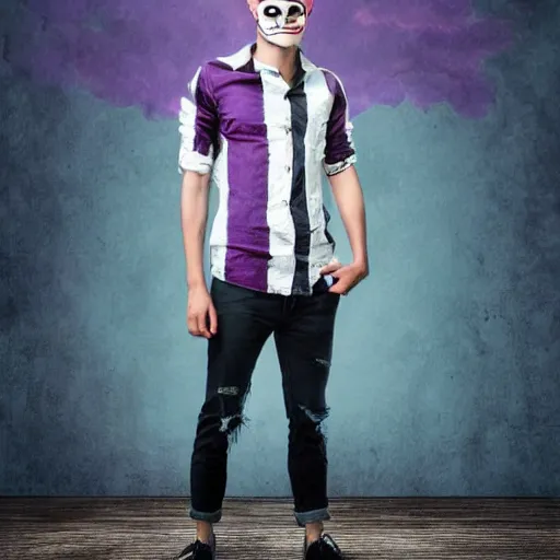 Image similar to professional digital art of a full-body view of a stylish young adult man with short hair wearing a black face mask, a striped long-sleeved shirt, and ripped jeans, high quality, HD, 8K, highly detailed, award-winning, dark purple clouds