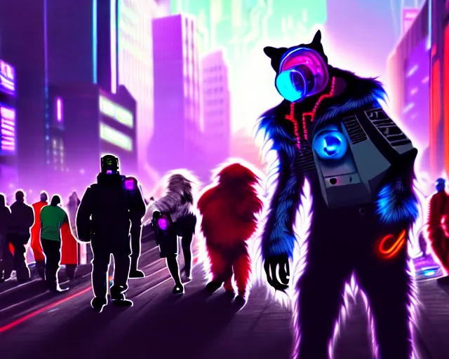 Image similar to high - resolution photograph from a cyberpunk era furry fandom convention ( midwest furfest 2 0 4 7 ), taking place after the genetic revolution and quantum singularity. photorealistic.