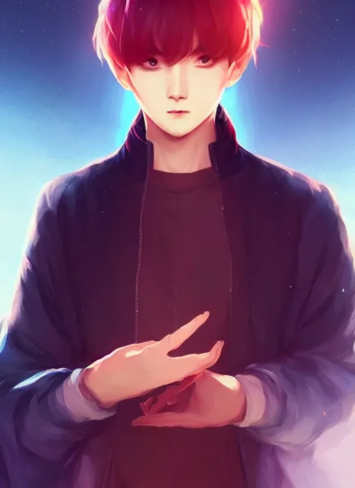 Image similar to : + aesthetic portrait commission of a of MIN YOONGI SPOCK + VEINY HANDS + hyperdetailed face at golden hour, safe for work (SFW). Character design by charlie bowater, ross tran, artgerm, and makoto shinkai, detailed, 2021 award winning film poster painting