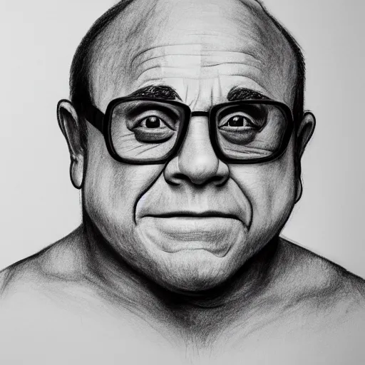 Image similar to black and white pencil sketch of a muscular Danny DeVito