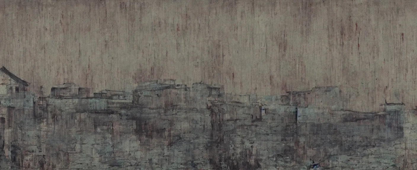 Image similar to a chinese prison near a river by peter doig, muted colors