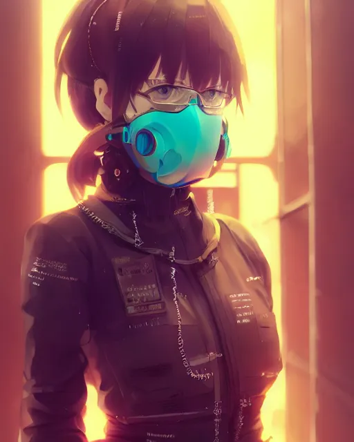 Prompt: kyoto animation, cool girl wearing cyberpunk intricate jumpsuit, respirator, detailed portrait, cell shaded, 4 k, concept art, by wlop, ilya kuvshinov, artgerm, krenz cushart, greg rutkowski, pixiv. cinematic dramatic atmosphere, sharp focus, volumetric lighting, cinematic lighting, studio quality