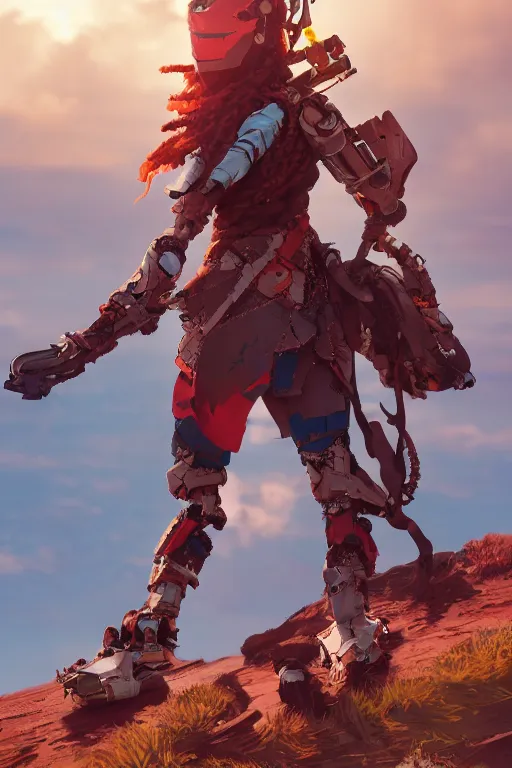 Image similar to combination suit armor aloy horizon forbidden west horizon zero dawn robot ninja mask helmet backpack tribal, aesthetic octane render, 8 k hd resolution, by ilya kuvshinov and cushart krentz and gilleard james radiating a glowing aura cgi rtx 2 0 2 2