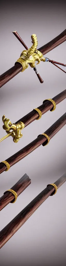 Image similar to single wooden long straight thin ninja fighting staff decorated with oriental ornaments, polished, weapon, highlight, vertical, centred, highly symmetric, sci - fi, fantasy, japan, dnd, close shot, bright uniform background, directional lighting, digital art, hyperrealism, award winning, 8 k