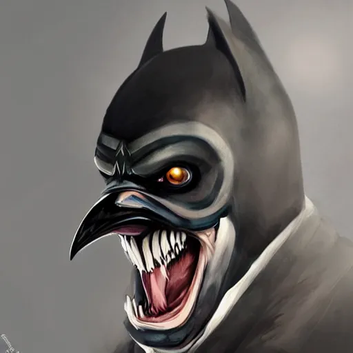 Image similar to the penguin wearing the dark knight mask, snarling teeth, digital painting, amazing detail, art station, cgsociety