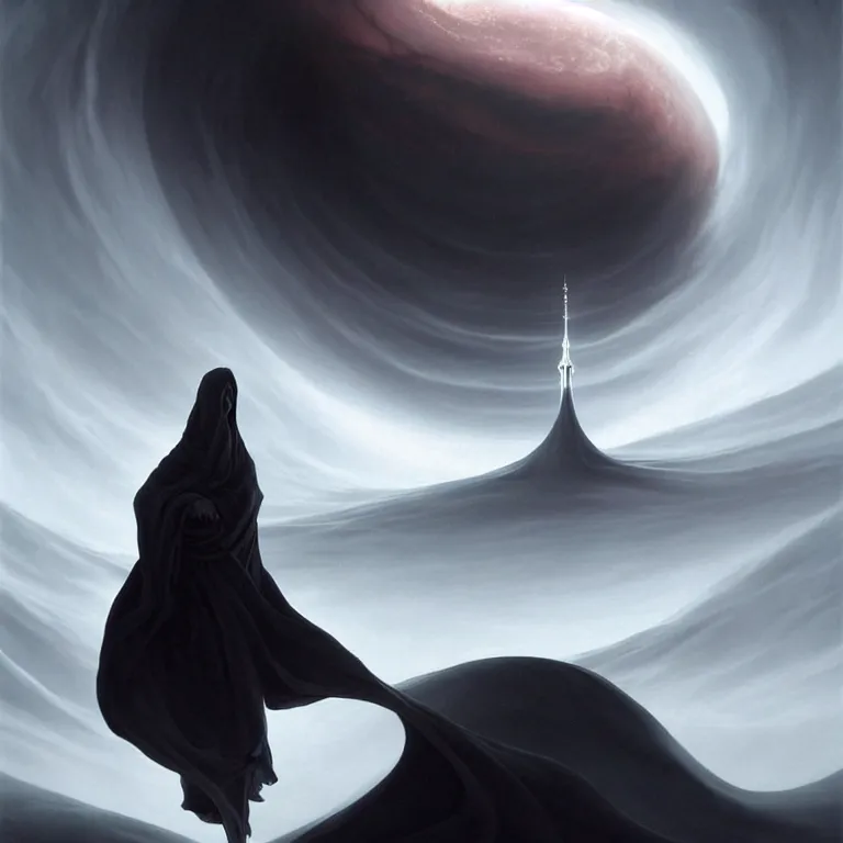 Prompt: one lone singular swirling otherworldly demonic figure shrouded in black crimson robes emerges from extensive barren white dunescape, matte painting by peter mohrbacher and filip hodas, background cn tower!, godrays, high contrast, highly detailed, a