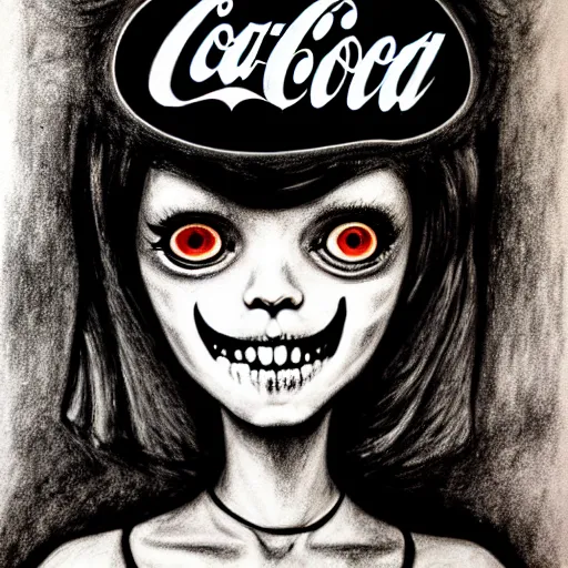 Image similar to charcoal drawing of the coke logo personified as a soda themed girl in the style of the lavender towne, large creepy eyes, extremely detailed and colorful eyes, digital art, deviant art, soda themed girl, hyper detailed eyes, money sign pupils, tim burton, scratchy lines, junji ito, gorrilaz, her forehead has the coke logo carved into it