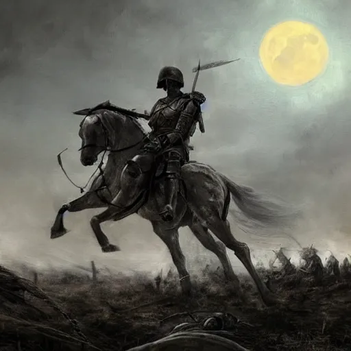 Image similar to a haunting Digital art of a tired spartan soldier riding a skeleton horse on the battlefield in the style of an oil painting, acrylic, bleak, moonlight, detailed, dark, ominous, threatening, haunting, forbidding, gloomy,stormy, doom, apocalyptic,sinister, shadowy, ghostly,unnerving, harrowing, dreadful ,frightful, shocking, terror, hideous, ghastly, terrifying