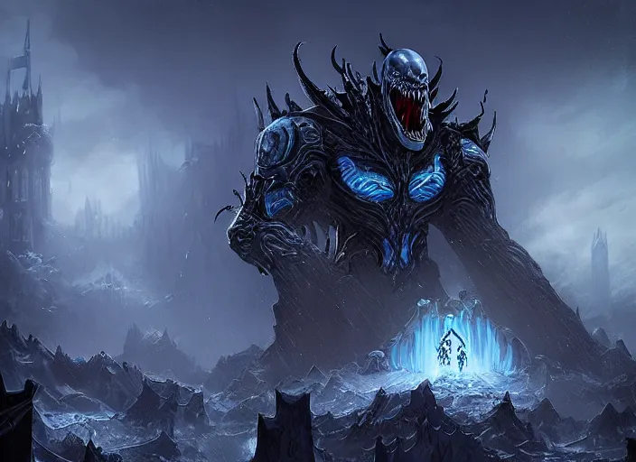 Prompt: venom fused with the lich king in front of a castle, natural digital painting by greg rutkowski