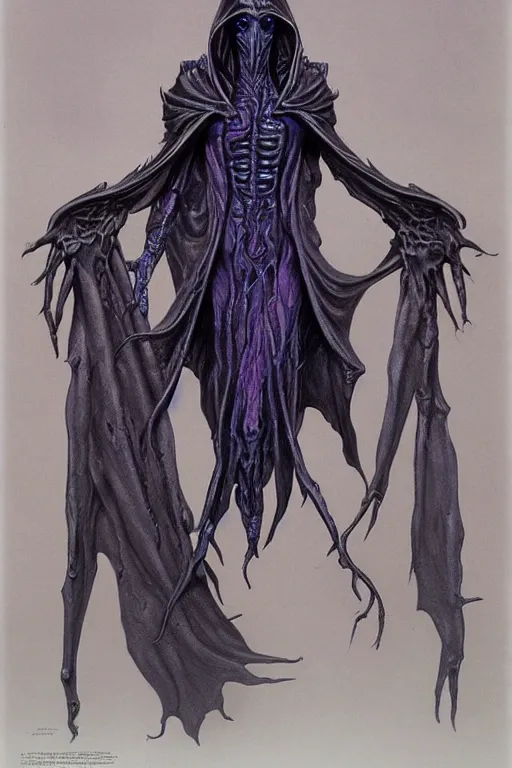 Image similar to full body photo of a cenobite lich illithid drow dark elf sorceror necromancer leather by wayne barlowe