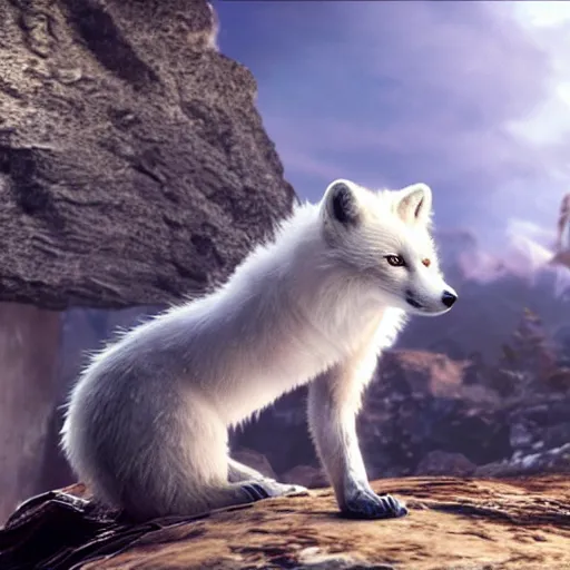 Image similar to screenshot depicting an anthropomorphic arctic fox wearing armor dressed as a character in Final Fantasy, octane render