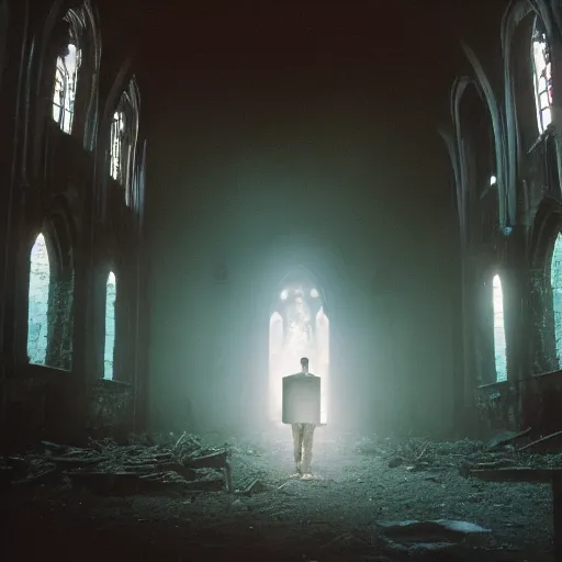 Prompt: dark zuckerberg performing the dark sacrament in the ruins of an old cathedral, vegetation, smoke, steam, dramatic low lighting, ominous, cinestill 8 0 0 t