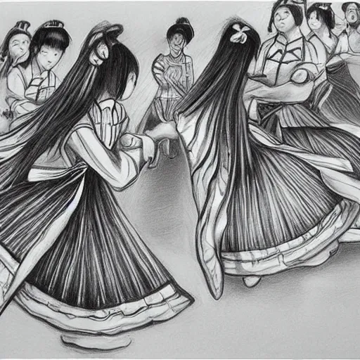 Image similar to round dance, folkloric dance, beautiful pencil drawing in anime style, sharp and precise, detailed