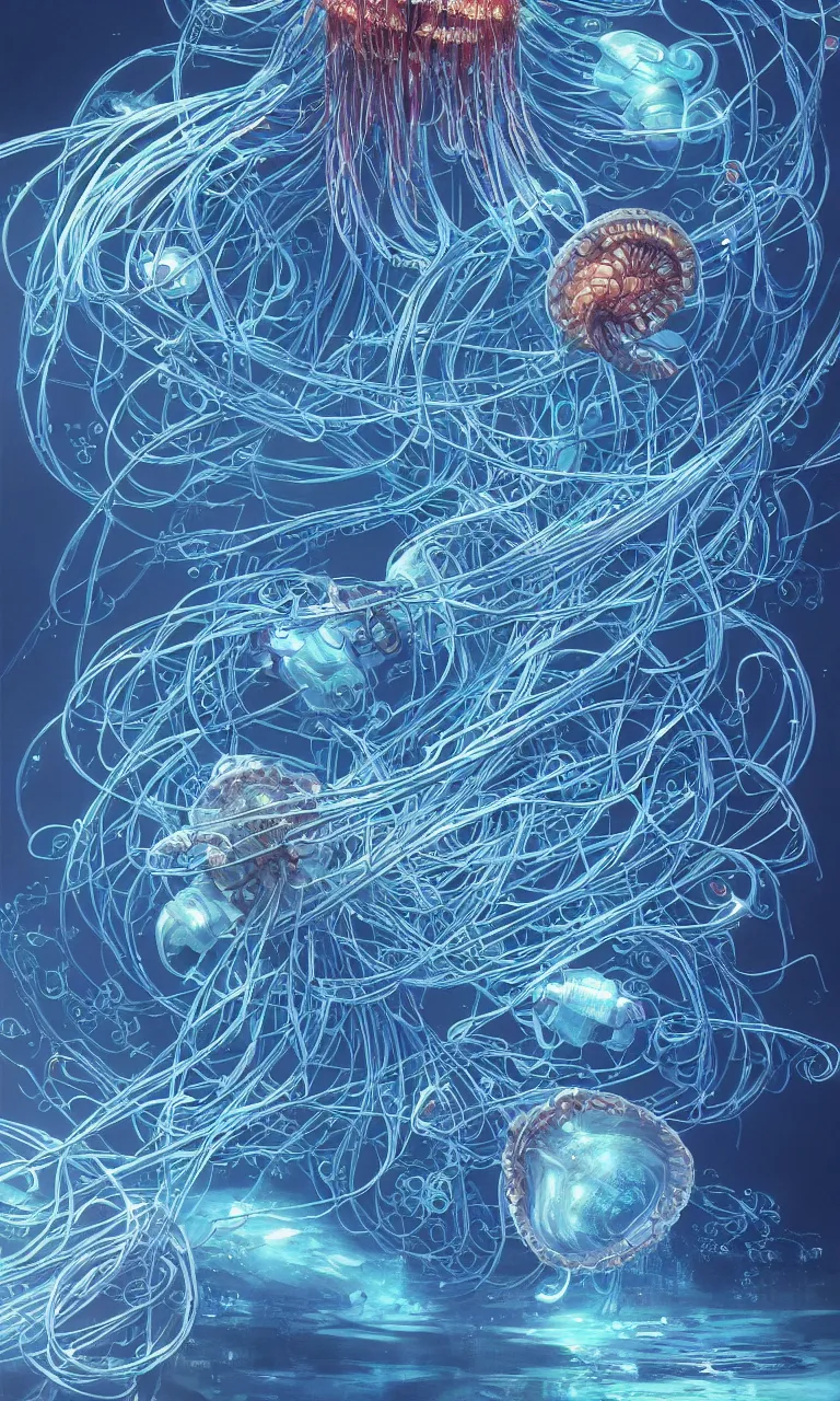 Image similar to a hyper detailed painting of a cyberpunk jellyfish, cables everywhere, blue tones, underwater, highly detailed, digital painting, artstation, concept art, smooth, sharp focus, illustration, art by artgerm and greg rutkowski and alphonse mucha