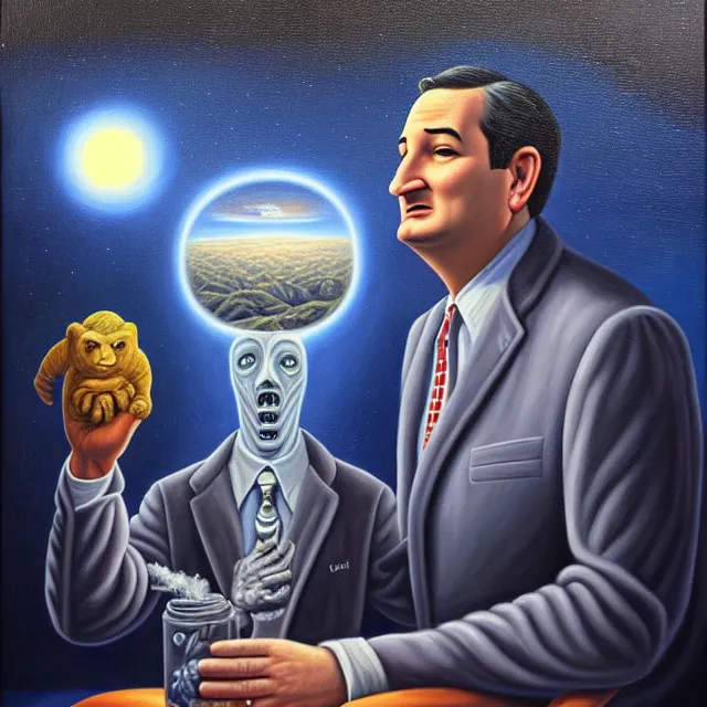 Prompt: an oil on canvas portrait painting of ted cruz, surrealism, surrealist, cosmic horror, rob gonsalves, high detail