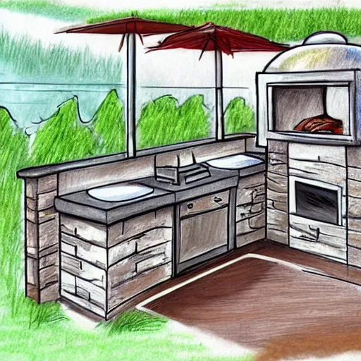 Image similar to modern outdoor kitchen design with grill and pizza oven, designer pencil sketch, HD resolution