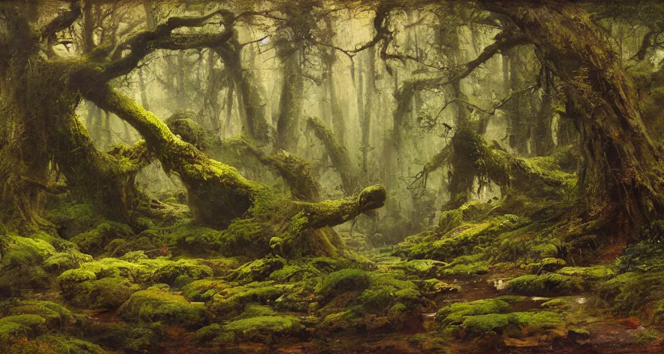 Image similar to ancient oak forest, mossy rocks, stream, oil painting, vivid colors, brush strokes, elegant, highly detailed, richard schmid, john park, ruan jia, jeffrey catherine jones