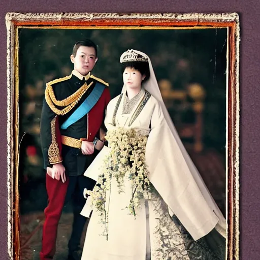 Prompt: a wide full shot, colored russian and japanese mix historical fantasy of a photograph portrait taken of a royal wedding ceremony, photographic portrait, warm lighting, 1 9 0 7 photo from the official wedding photographer for the royal wedding.