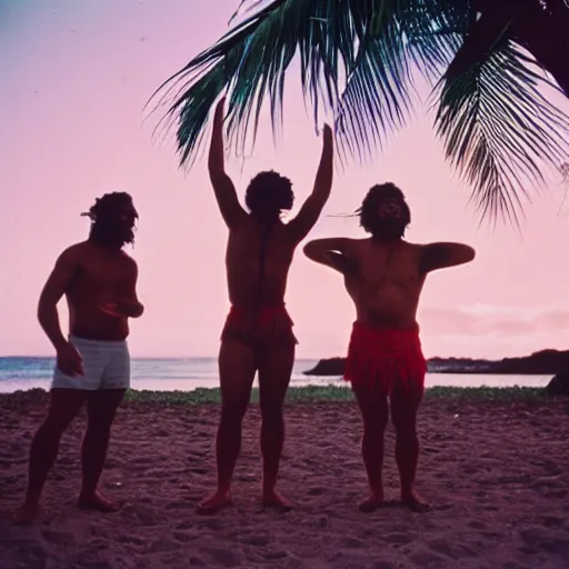 Image similar to samoan hippies from the 6 0 s dancing around a beach, nostalgic, sunny, coconut trees in the background, film, cinematic, kodak film, 3 5 mm, 8 k, 4 k