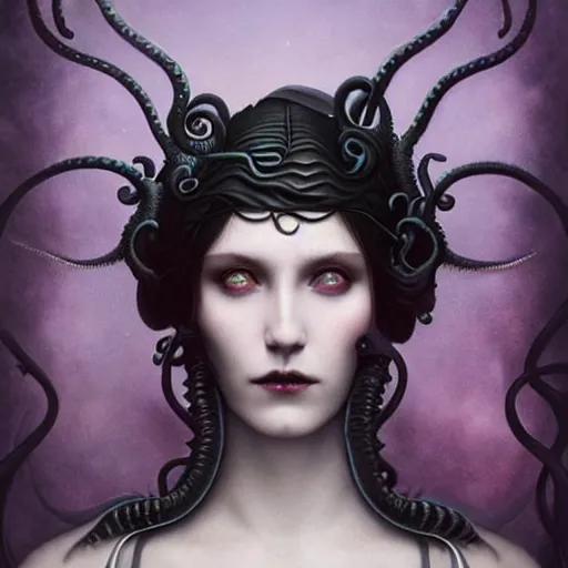 Image similar to by tom bagshaw, photorealistic body shot of a curiosities and absurdities, full gothic long dress armor made of infinite tentacles, curvy, purple black lustrous thin haircut, symmetry accurate features, focus, very intricate ultrafine details, award winning masterpiece, ultra deep fog