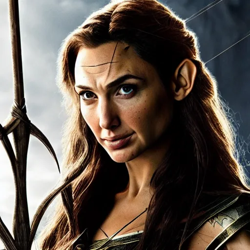 Prompt: Portrait of Gal Gadot starring as the elf Tauriel from The Hobbit, bow and arrow, movie art, wide shot, intense gaze